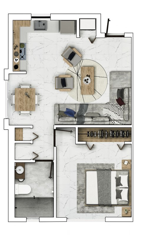 Floor plan for 1 bed, 1 bath, 646 sqft